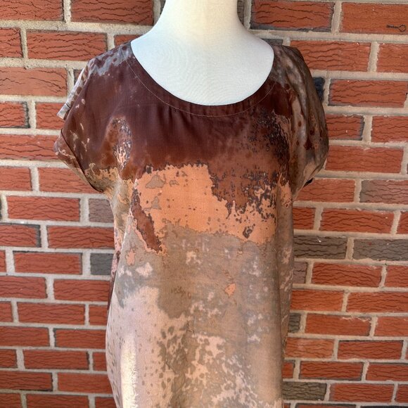 Eileen Fisher Short Sleeve Silk Round Neck Blouse - Abstract Muted Fall Colors - - Picture 1 of 4